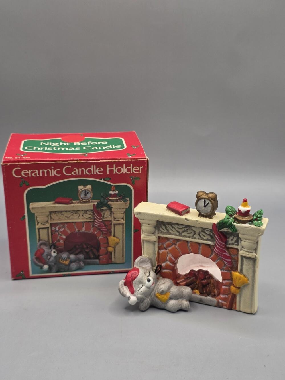 Vintage Night Before Christmas Ceramic Candle Holder Sleeping Mouse Fireplace